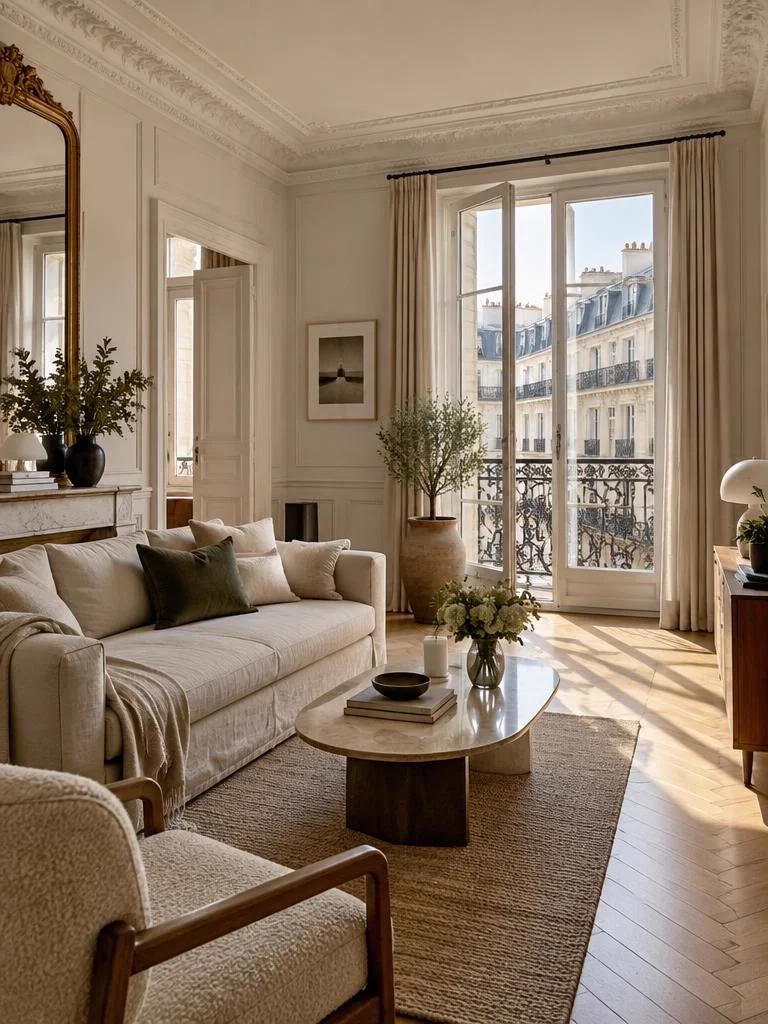 Salon d'un appartement parisien avec parquet et moulures, logement géré avec un livret d'accueil digital