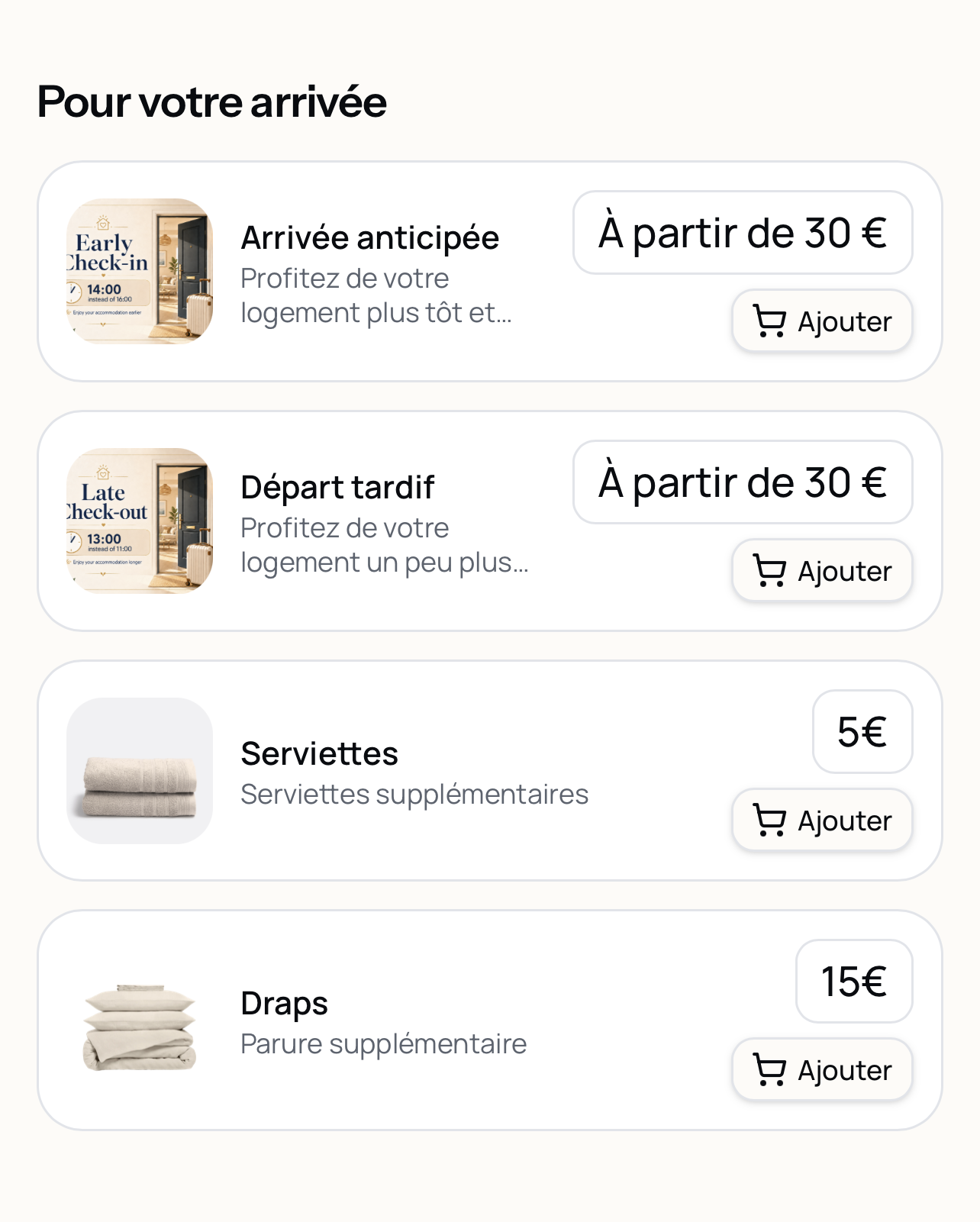 Vue de la boutique en ligne intégrée au livret d'accueil Loomky : arrivée anticipée, départ tardif, serviettes et draps à ajouter au séjour