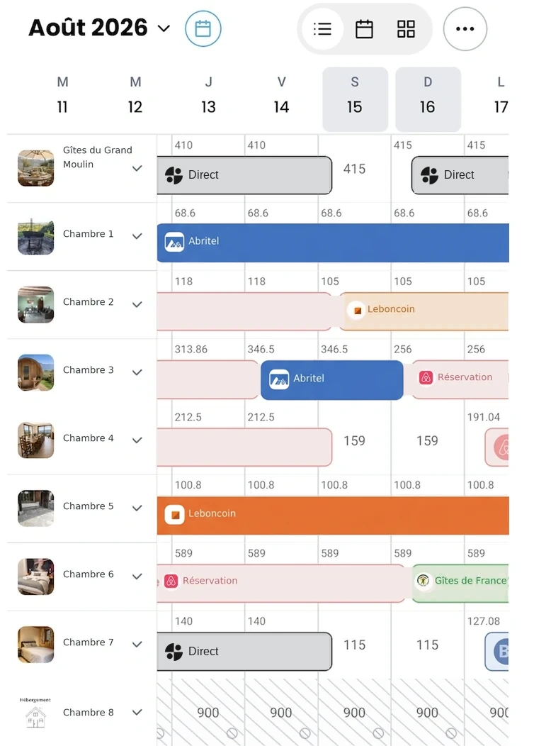 Calendrier de gestion des gîtes Loomky Calendrier Loomky pour gérer les réservations et tarifs de plusieurs gîtes