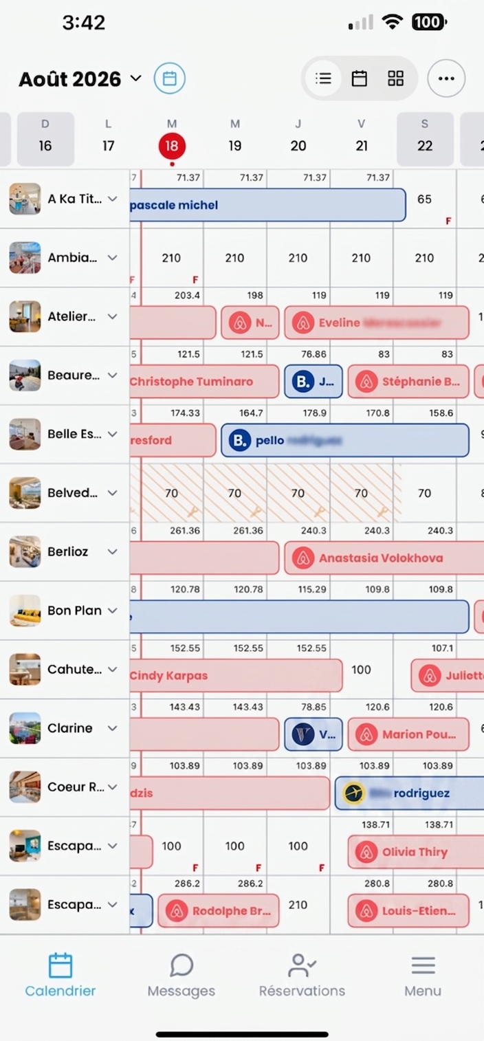 Calendrier Loomky sur mobile avec réservations et tarifs
