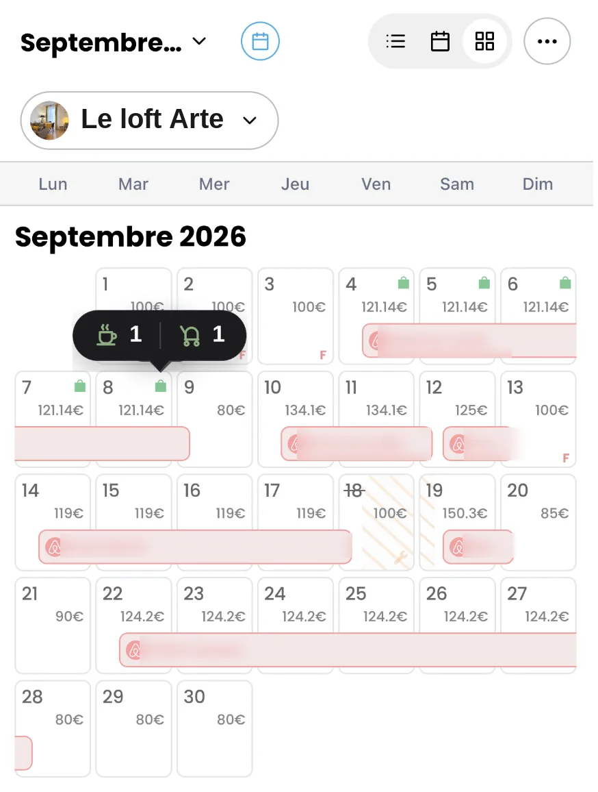 Calendrier Loomky affichant les commandes de la boutique associées aux séjours concernés