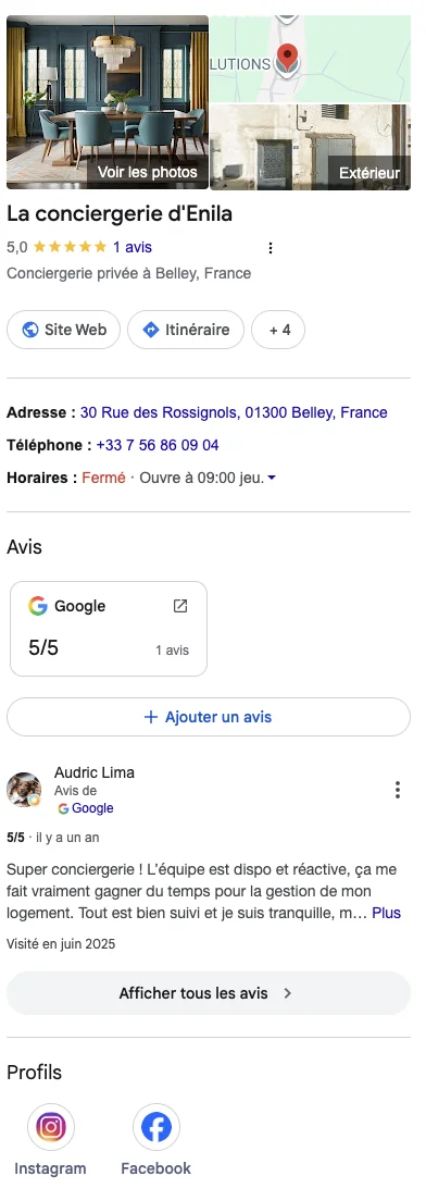 Google My Business profile La Conciergerie Denila