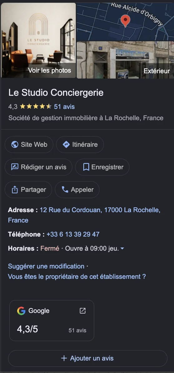 Google My Business profile Le Studio Conciergerie