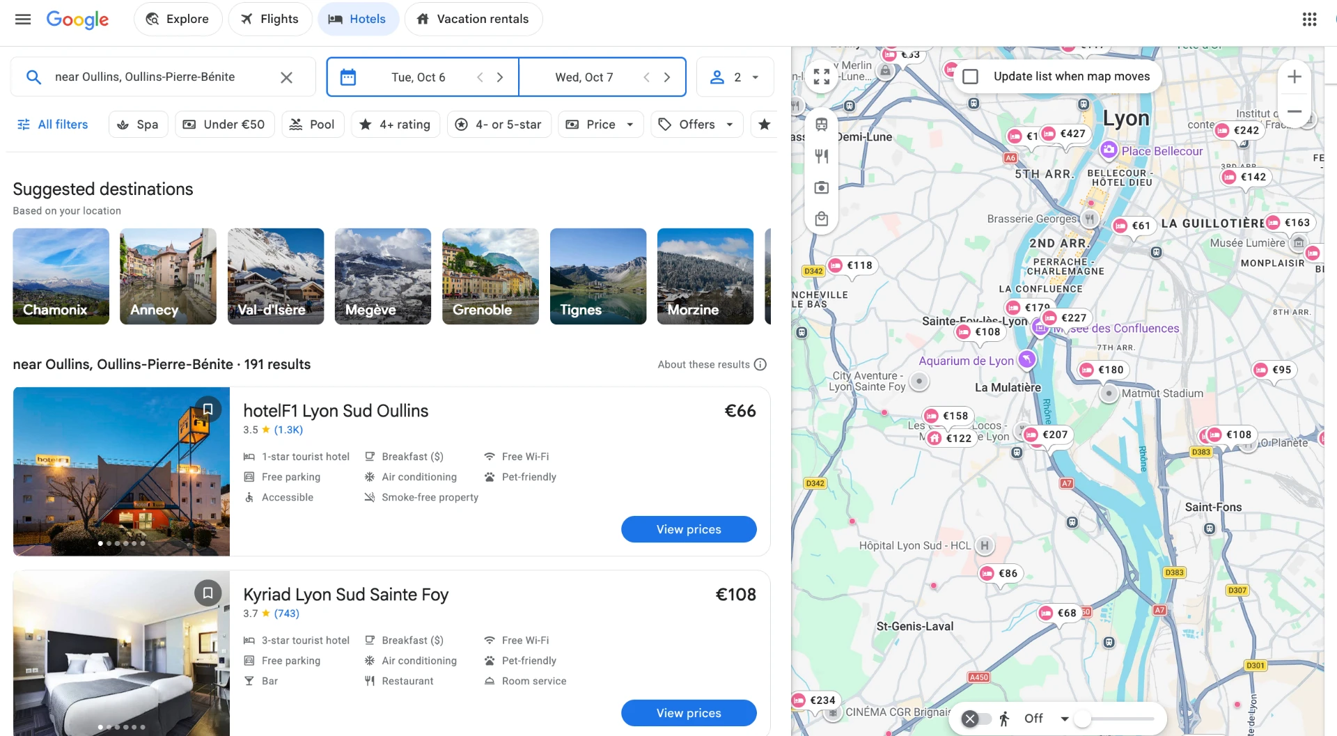 Résultats de locations de vacances affichés sur Google avec une carte et les prix.