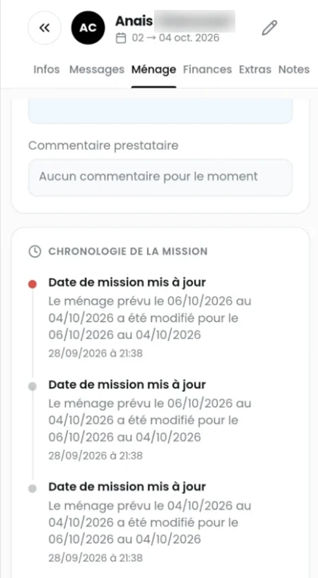 Historique des modifications d’une mission de ménage dans Loomky
