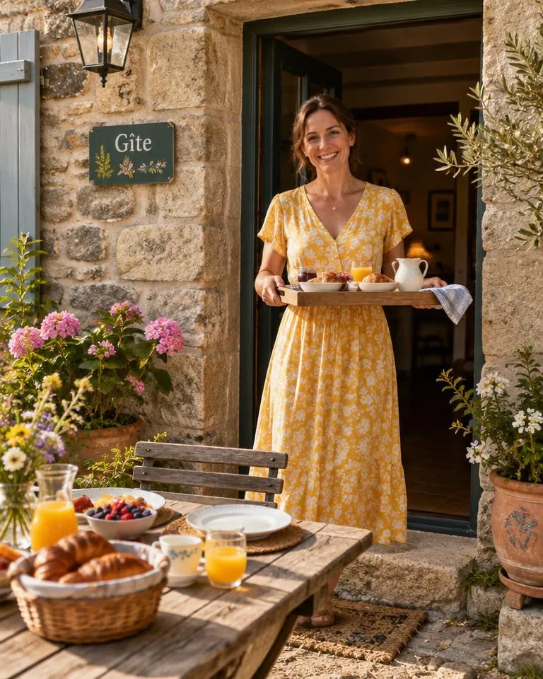 Gîte de location saisonnière – Accueil des voyageurs Hôte de gîte accueillant ses voyageurs avec un petit-déjeuner devant une maison en pierre gérée avec Loomky.