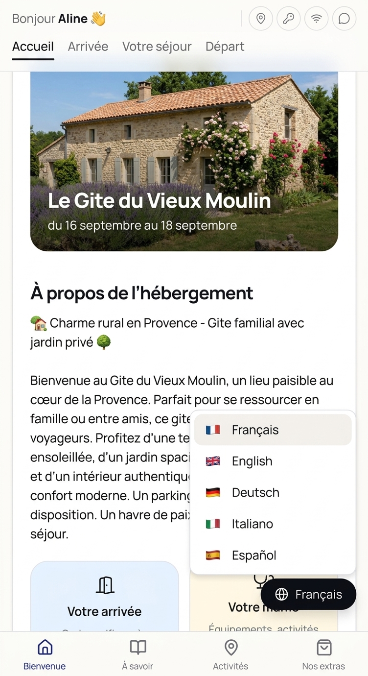Capture d'écran du livret d'accueil digital Loomky affiché à un voyageur, avec informations sur la chambre et le gite sélecteur de langue et accès aux codes, wifi et activités