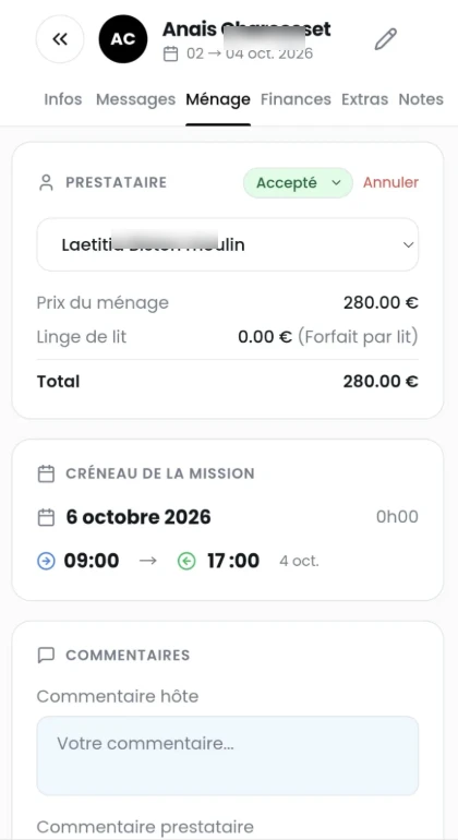 Mission de ménage Loomky avec prestataire assigné, coût et créneau d’intervention