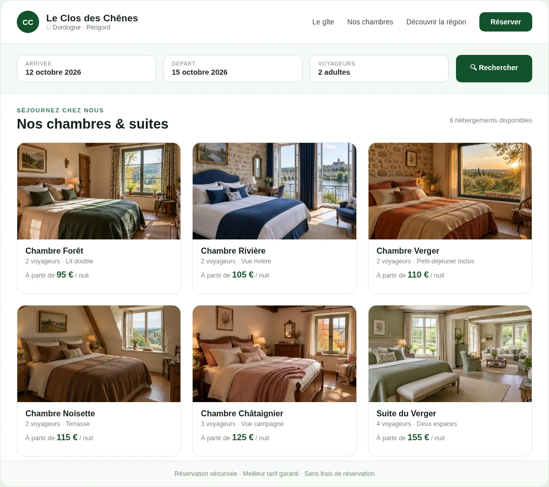 Site de réservation directe d'un gîte avec recherche par dates et chambres disponibles
